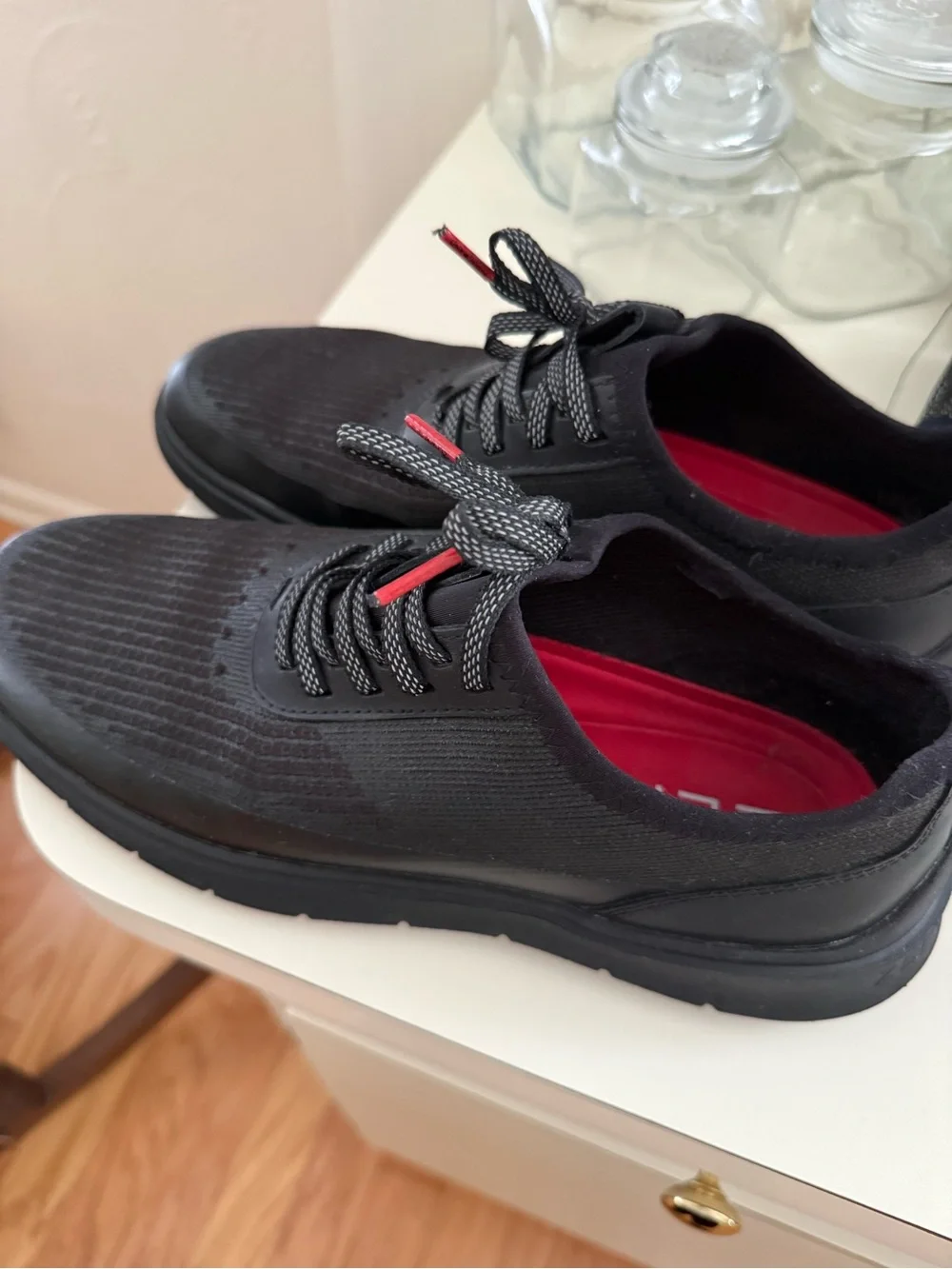 Cole Haan Men’s Black Knit Athletic Sneakers with Red Accents